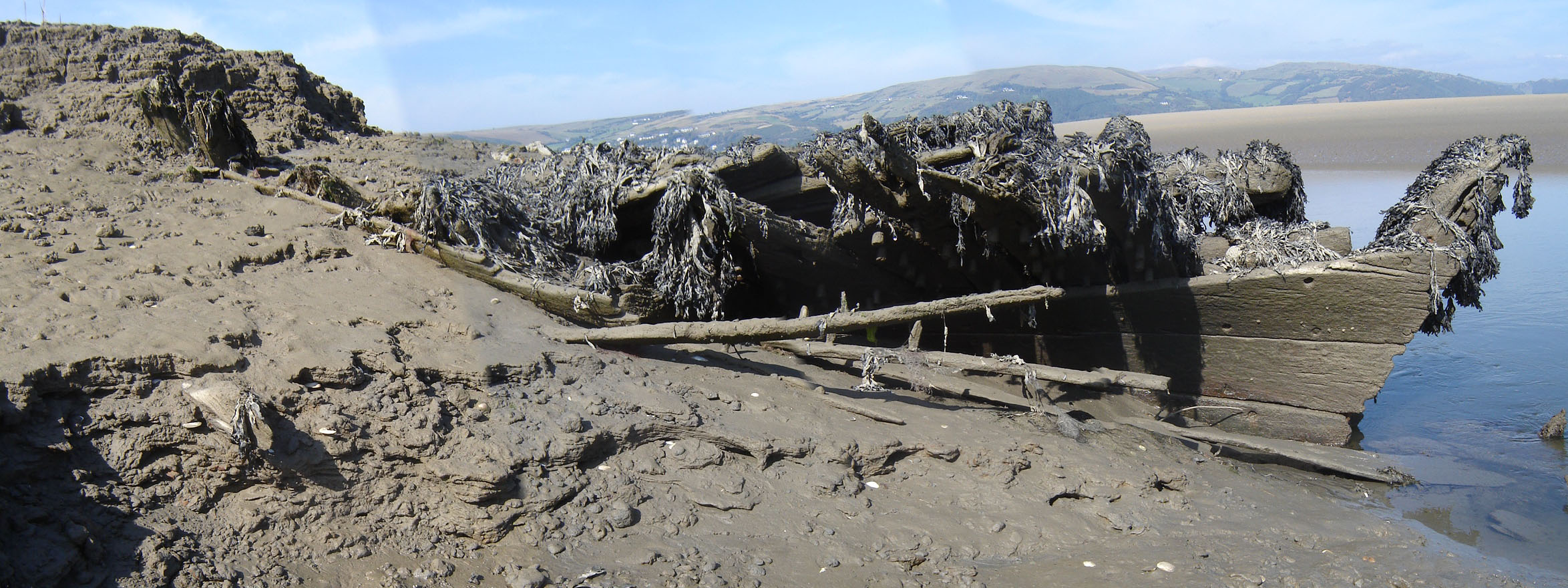  The remains of the wreck emerging from the bank of the Afon Leri at Ynyslas